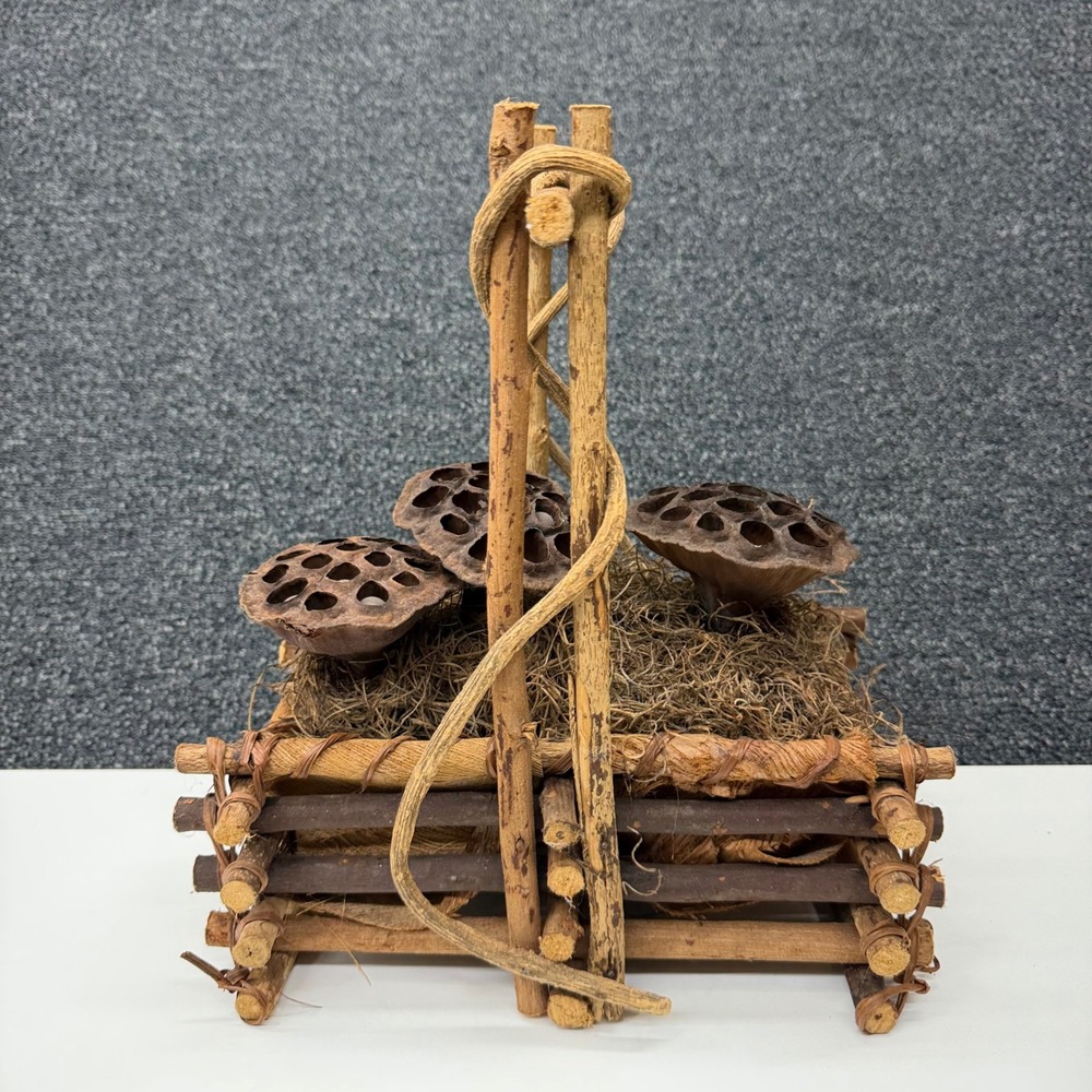 Vintage Handmade Twig Basket Lotus Pods Primitive Rustic Folk Art Decor 12in